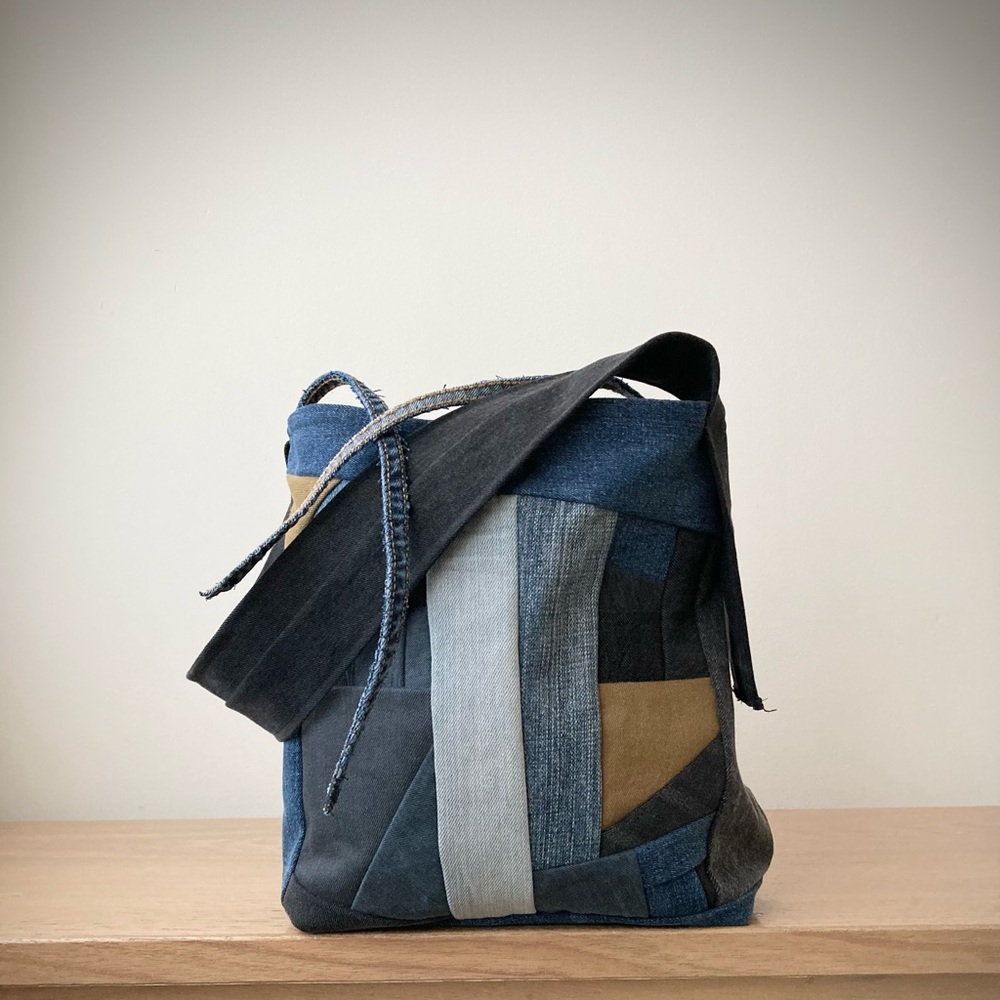 origami boro dumpling bag patchwork color block hobo tote denim jean joodito - Picture 8 of 9